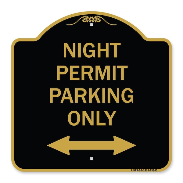 Signmission Night Permit Parking W/ Bi-Directional Arrow, Black & Gold Aluminum Sign, 18" x 18", BG-1818-23860 A-DES-BG-1818-23860 - main